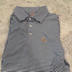 Rhoback Navy and White Striped Polo with Gold Logo